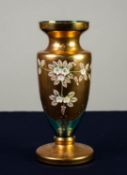 ITALIAN, FLORAL PAINTED BLUE GLASS VASE, of ovoid, footed form with waisted neck, decorated with a