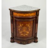 FRENCH STYLE MARQUETRY, INLAID AND GILT METAL MOUNTED BOW FRONTED CORNER CUPBOARD WITH WHITE