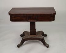 NINETEENTH CENTURY FIGURED MAHOGANY PEDESTAL CARD TABLE, the flame cut fold- over and swivel top,