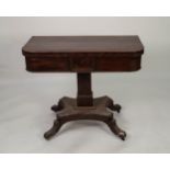 NINETEENTH CENTURY FIGURED MAHOGANY PEDESTAL CARD TABLE, the flame cut fold- over and swivel top,