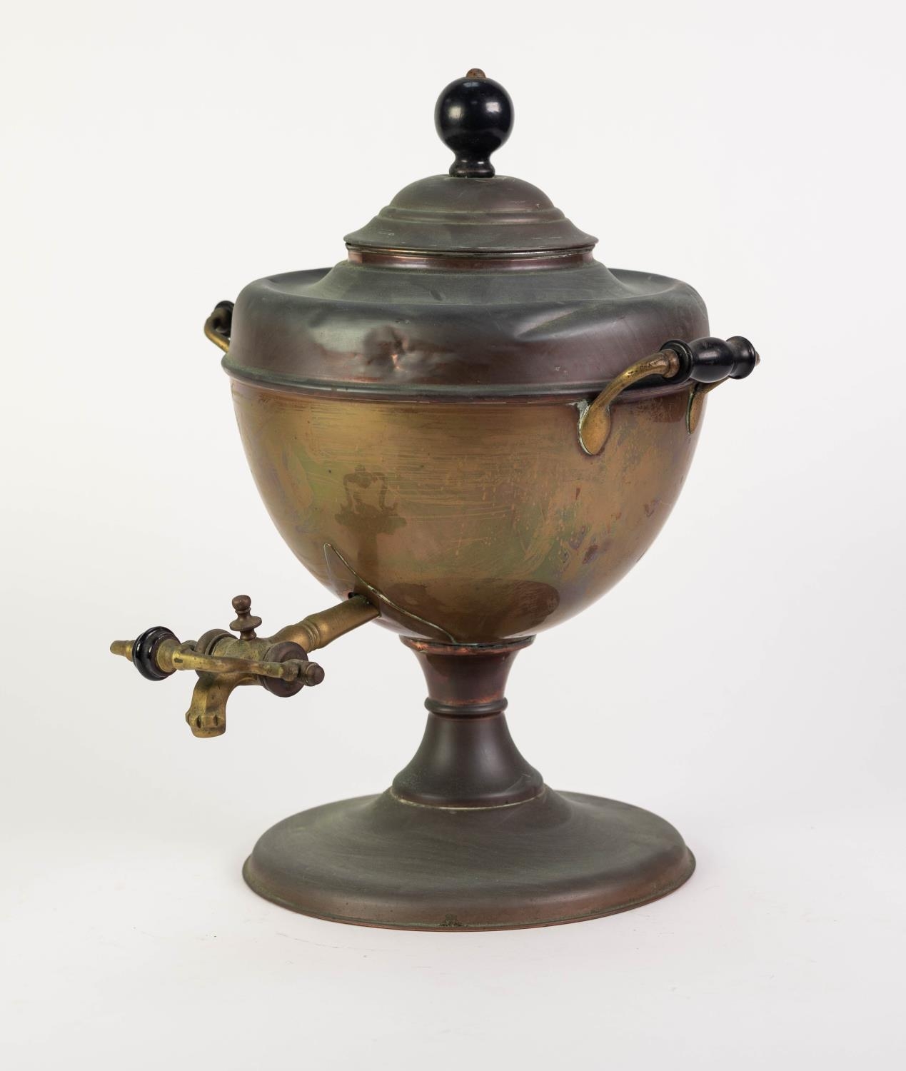 TINNED COPPER AND BRASS TWO HANDLED PEDESTAL SMALL TEA URN, with black knop and handles, 13? ( - Image 2 of 2