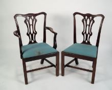 SET OF EIGHT (6 + 2) ANTIQUE GEORGE III REVIVAL DINING CHAIRS, with pierced splat backs and drop-