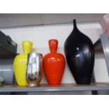 TWO HABITAT PLASTIC LARGE OVULAR VASES, ONE RED, ONE YELLOW, 20 1/2" HIGH, A CYLINDRICAL GLASS
