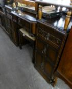 JACOBEAN STYLE CARVED DARK OAK DOUBLE PEDESTAL DRESSING TABLE, WITH TRIPLE TOILET MIRROR AND THE