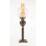 MODERN OIL LAMP PATTERN ELECTRIC TABLE LAMP, of typical form with oxidised cylindrical column,