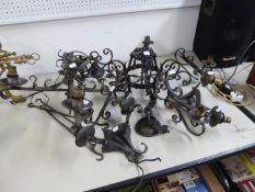 MEDIEVAL STYLE WROUGHT IRON FIVE BRANCH ELECTROLIER, TOGETHER WIT ANOTHER SIMILAR WITH FOUR