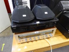 A SONY CDP-XE 220 CD PLAYER AND A TECHNICS SA-5070 FM/AM STEREO RECEIVER AND A PAIR OF SONY SPEAKERS