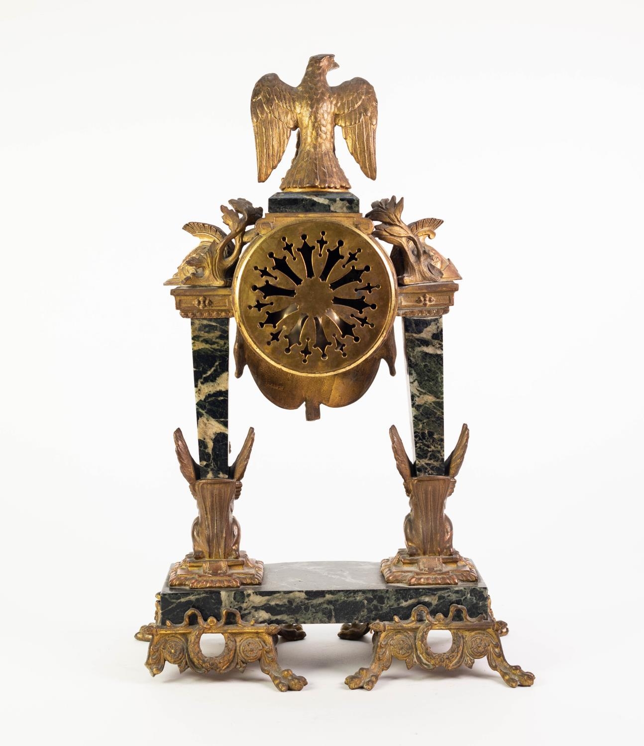 LATE NINETEENTH CENTURY BLACK VEINED MARBLE AND GILT METAL PORTICO TYPE FRENCH MANTLE CLOCK, the - Image 2 of 3