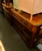 VICTORIAN MAHOGANY DRESSING CHEST WITH LEDGE BACK, THREE GRADUATED LONG DRAWERS, PLINTH BASE WITH