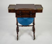 REGENCY MAHOGANY AND BRASS MOUNTED COMBINATION SEWING AND GAMES TABLE, the slide forward, oblong top