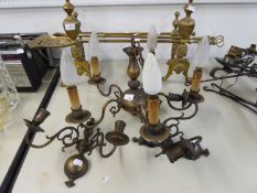 DUTCH STYLE FIVE BRANCH BRASS ELECTROLIER, AND A SIMILAR PAIR OF WALL LIGHTS, (3)