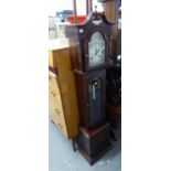 A SMALL LONGCASE CLOCK WITH WHITE METAL CASED WEIGHTS AND BRASS BOB PENDULUM, 31 DAY ROMAN DIAL