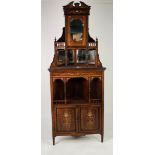 EDWARDIAN INLAID ROSEWOOD FLOOR STANDING CORNER CABINET the swan neck pediment above a cupboard door