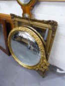 A CIRCULAR ORNATE GILT FRAMED WALL MIRROR AND TWO MODERN GILT FRAMED WALL MIRRORS (3)