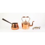 ANTIQUE SEAMED COPPER TEA KETTLE, together with a COPPER SAUCEPAN WITH CAST IRON LONG HANDLE,