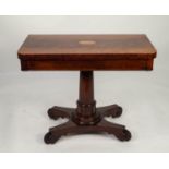 EARLY NINETEENTH CENTURY INLAID AND FIGURED MAHOGANY PEDESTAL CARD TABLE, the flame cut, rounded