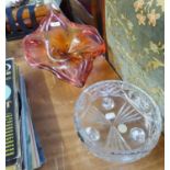 A LARGE RED/ORANGE STUDIO GLASS BOWL IN THE SHAPE OF A FLOWER AND A CUT GLASS BOHEMIA FRUIT BOWL