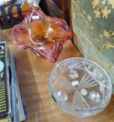 A LARGE RED/ORANGE STUDIO GLASS BOWL IN THE SHAPE OF A FLOWER AND A CUT GLASS BOHEMIA FRUIT BOWL