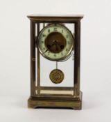 EARLY TWENTIETH CENTURY BRASS FOUR GLASS MANTLE CLOCK, of typical form with matted centre to the