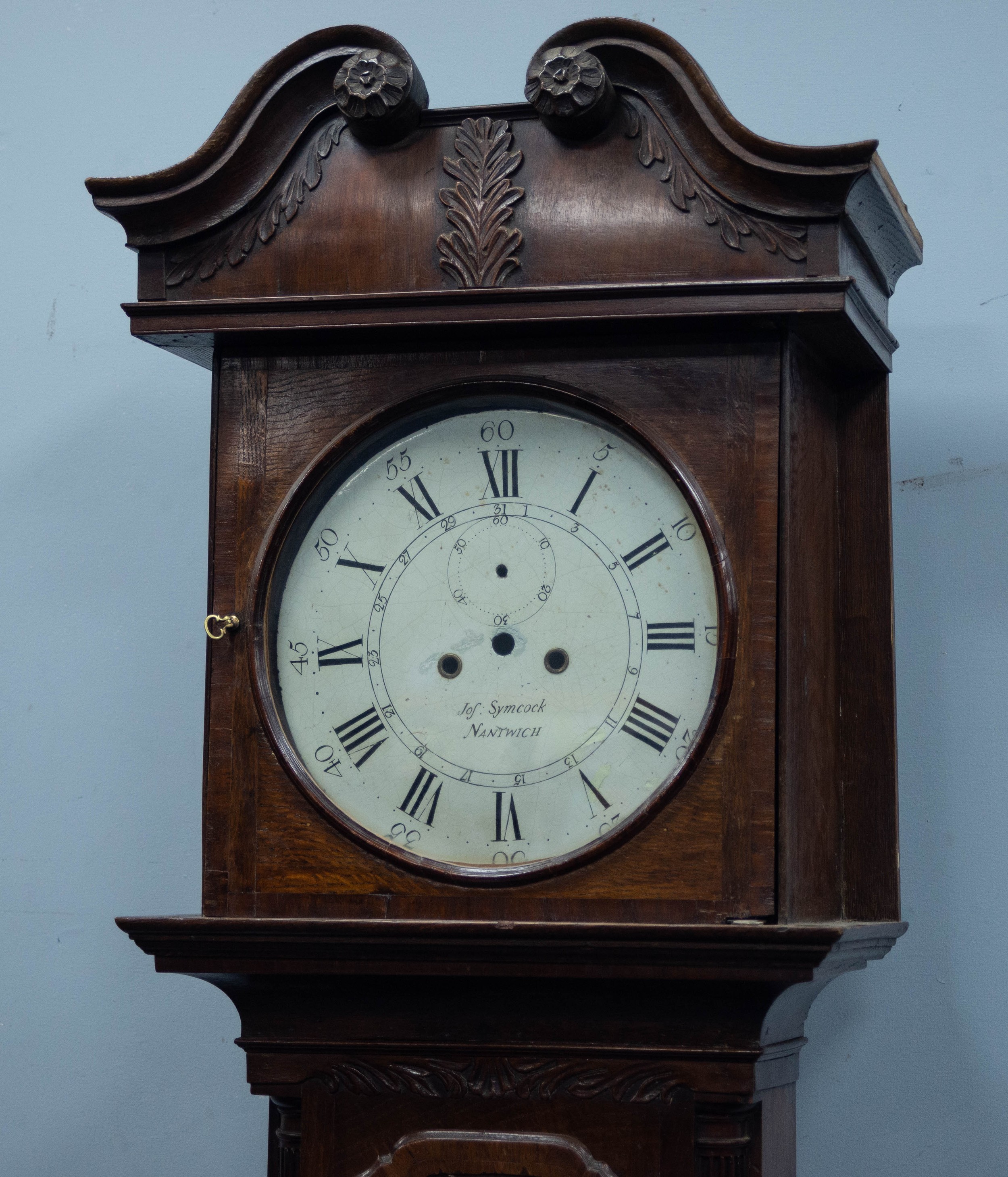 LATE EIGHTEENTH CENTURY MAHOGANY CROSSBANDED AND CARVED OAK LONGCASE CLOCK SIGNED JOS SYMCOCK, - Image 2 of 2