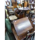 A SMALL LECTERN, A SMALL TRI-POD WINE TABLE, A MAGAZINE RACK AND A STRING TOP STOOL (4)