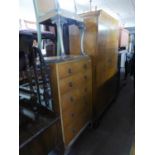 A 1930's SATIN BIRCH PART BEDROOM SUITE OF TWO DOOR WARDROBE, A DRESSING TABLE WITH FOLDING TRIPTYCH