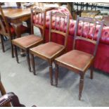 A SET OF THREE  EDWARDIAN MAHOGANY LIGHTWEIGHT SINGLE CHAIRS, WITH RAIL BACKS, PAD SEATS, TURNED