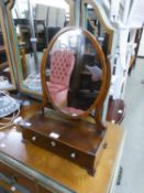 A SMALL GEORGIAN REVIVAL MAHOGANY BOX TOILET MIRROR, THE OVAL SWING MIRROR ABOVE A SINGLE DRAWER, ON