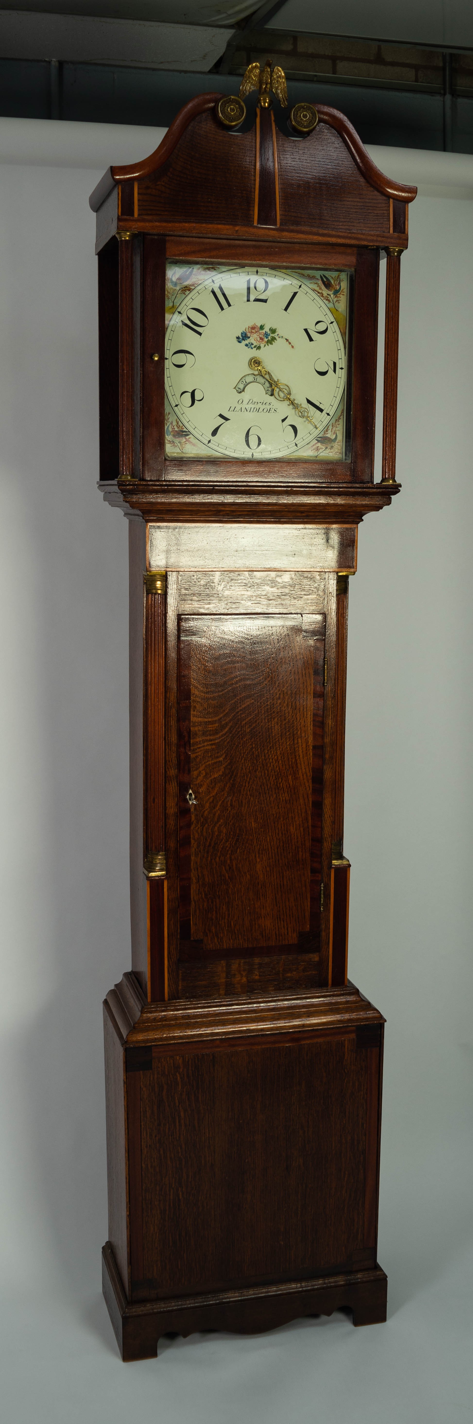 EIGHTEENTH CENTURY OAK AND MAHOGANY CROSSBANDED LONGCASE CLOCK SIGNED O. DAVIES, LLANIDLOES, the 12?