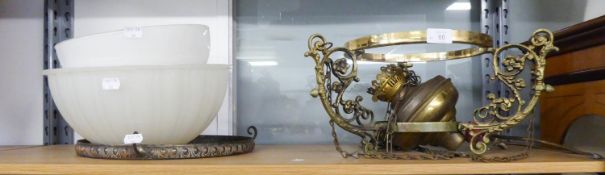 GILT METAL AND WHITE MOULDED GLASS OIL STYLE ELECTRIC CEILING LIGHT, AND ANOTHER WITH BOWL SHAPED