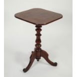 VICTORIAN MAHOGANY TRIPOD OCCASIONAL TABLE, the square tilt top above a turned column and three