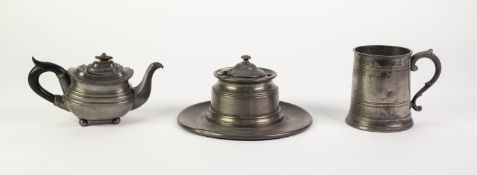 THREE PIECES OF ANTIQUE PEWTER, comprising: LARGE CAPSTAN INKWELL with five pen holders and integral