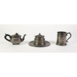 THREE PIECES OF ANTIQUE PEWTER, comprising: LARGE CAPSTAN INKWELL with five pen holders and integral