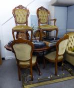 A POST-WAR REPRODUCTION ITALIAN STYLE HIGH GLOSS DINING TABLE WITH SHAPED TOP AND A SET OF SIX