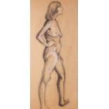 UNATTRIBUTED TWENTIETH CENTURY CHARCOAL DRAWING, HEIGHTENED IN WHITE  Study of a standing female