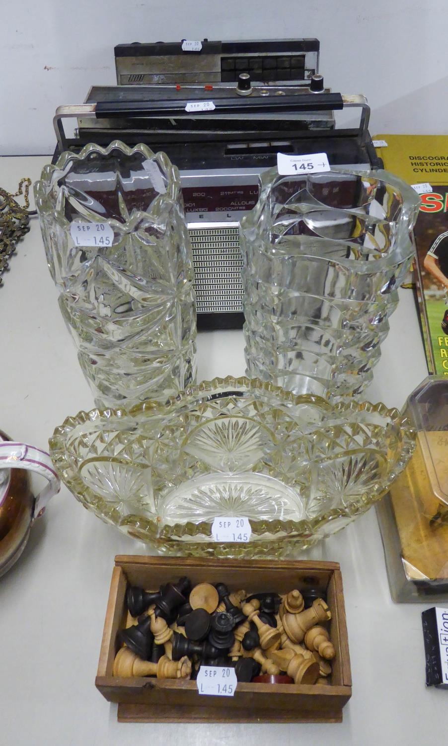 THREE PRESSED GLASS VASES, A WOODEN BOXED SET OF WOODEN CHESS PIECES AND THREE RADIO'S