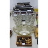 THREE PRESSED GLASS VASES, A WOODEN BOXED SET OF WOODEN CHESS PIECES AND THREE RADIO'S