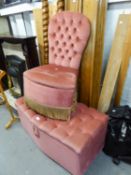 A BOUDOIR ARMLESS EASY CHAIR, BUTTON UPHOLSTERED IN PINK VELVET AND THE MATCHING OTTOMAN BOX (2)