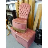 A BOUDOIR ARMLESS EASY CHAIR, BUTTON UPHOLSTERED IN PINK VELVET AND THE MATCHING OTTOMAN BOX (2)