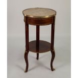 FRENCH GILT MOUNTED MAHOGANY CIRCULAR TABLE AMBULANTE WITH VEINED FAWN COLOURED MARBLE TOP, the
