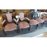 A PAIR OF EDWARDIAN CARVED ROSEWOOD DRAWING ROOM OPEN ARMCHAIRS, COVERED IN PINK VELVET AND A PAIR