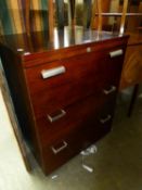 A MODERN OFFICE CHEST OF THREE LONG AND DEEP FILING DRAWERS EACH WITH TWO BRIGHT METAL HANDLES, 2?7?