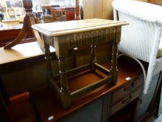 JACOBEAN STYLE OAK STOOL WITH RECTANGULAR PANEL SEAT, 19? X 11½"