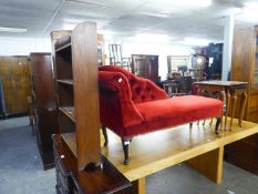 A SMALL CHAISE LONGUE, WITH SINGLE SCROLL END, ON CABRIOLE LEGS AND A SMALL OPEN BOOKCASE (2)