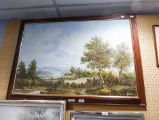 A LARGE MODERN OIL PAINTING ON CANVAS, EXTENSIVE LANDSCAPE WITH TREES