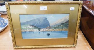 VITO - ITALIAN  WATERCOLOUR  'LAKE SCENE WITH BUILDINGS AND MOUNTAINS'