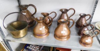 A COMPOSITE SET OF EIGHT VICTORIAN AND LATER COPPER IMPERIAL ALE MEASURES, 1 GALLON AND SMALLER,