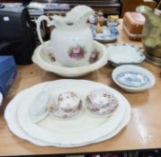 VICTORIAN POTTERY LARGE TOILET JUG AND BOWL, PRINTED WITH ROSES AND OTHER CERAMICS INCLUDING OVAL