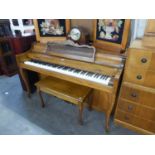 A 'BALDWIN' UNUSUAL OAK CASED UPRIGHT PIANO, RAISED ON FRONT CABRIOLE  SUPPORTS AND AN OBLONG OAK