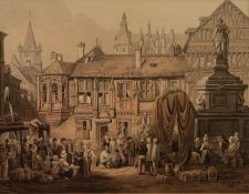 19th CENTURY FLEMISH COLOURED LITHOGRAPH City square busy with figures on market day 10in x 13in (